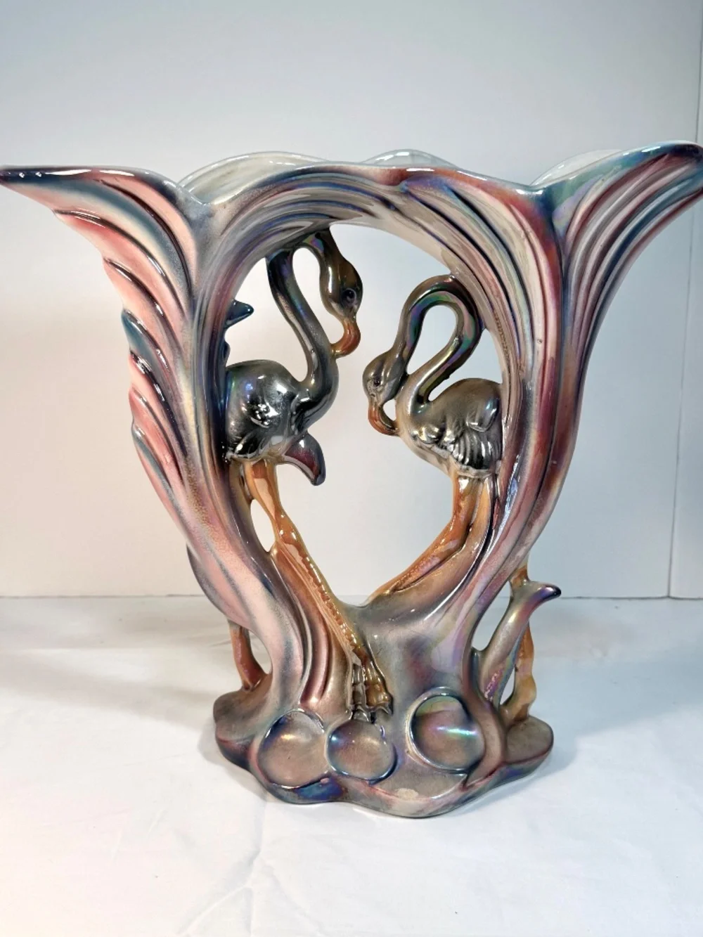 Vintage Large Iridescent Flamingoes Lustreware Double Vase 12.5